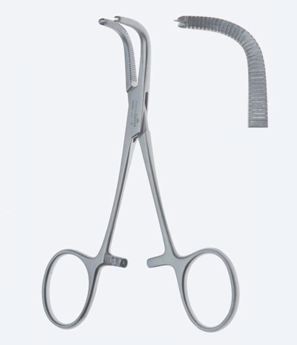 Зажими, хірургічні, "Kleinschmidt", шлункові, для дробарки шпор, для апендектомії, вигнуті, довжина 130 мм. Бренд - Asanus Medizintechnik Gmb, Німеччина